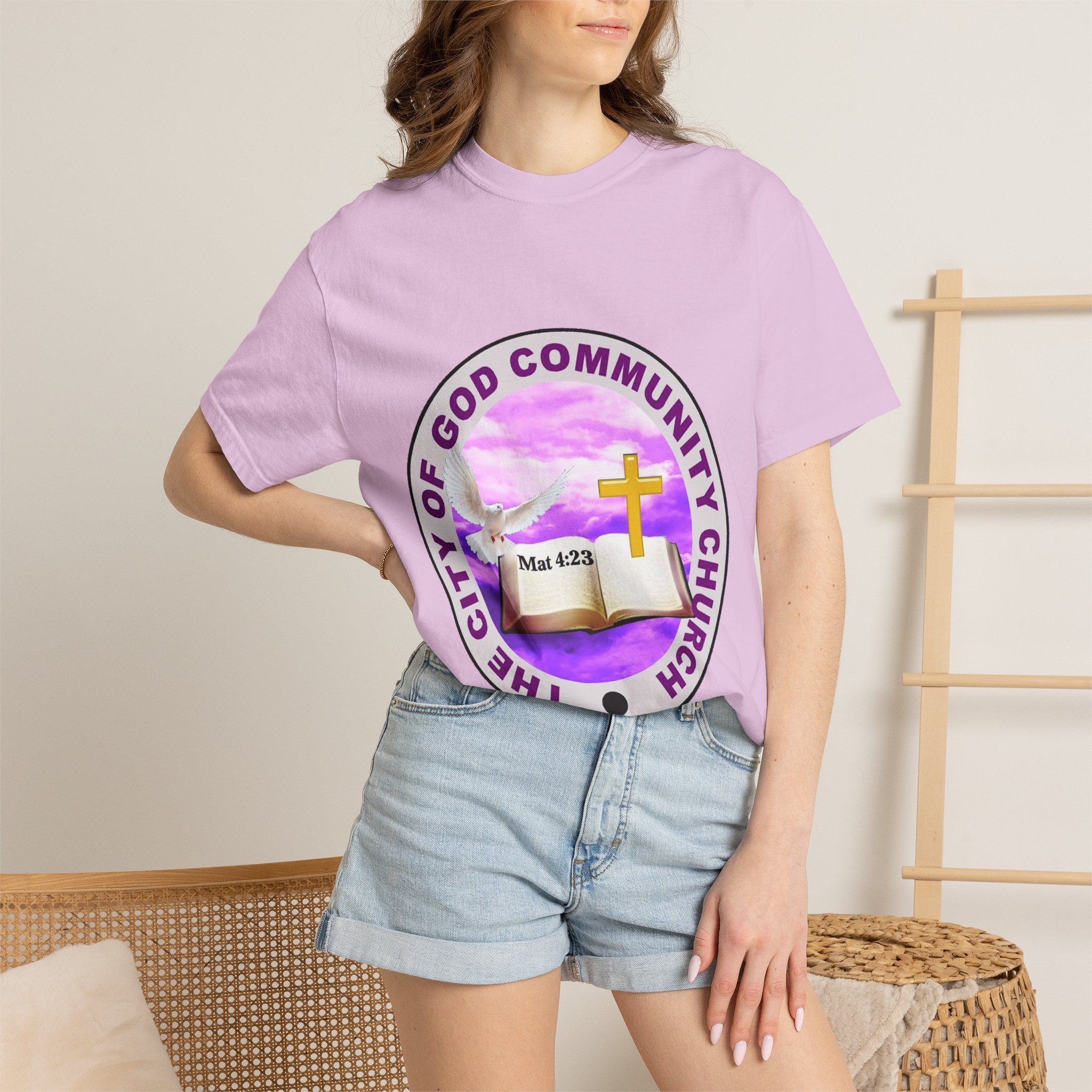 Church T-Shirt — "The City of God Community Church" Logo Tee with Cross & Bible (Matthew 4:23) — French "Avec Dieu" Back Design