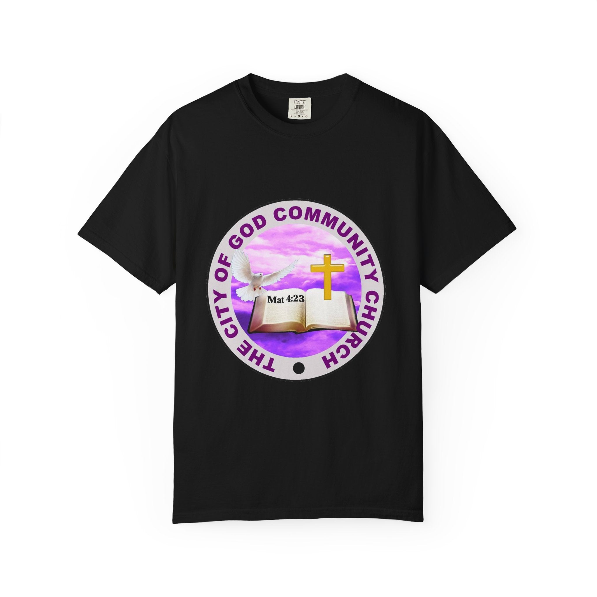 Church T-Shirt — "The City of God Community Church" Logo Tee with Cross & Bible (Matthew 4:23) — French "Avec Dieu" Back Design