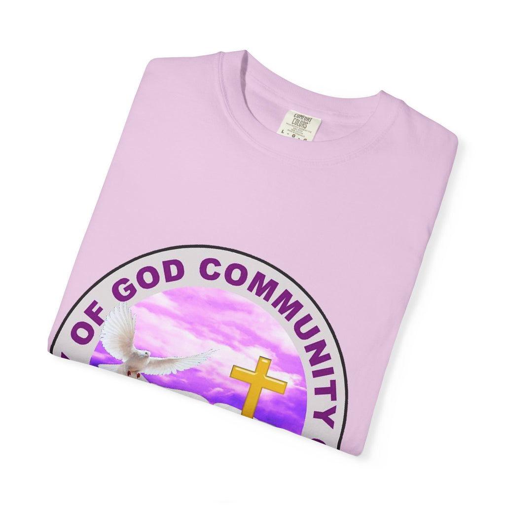 Church T-Shirt — "The City of God Community Church" Logo Tee with Cross & Bible (Matthew 4:23) — French "Avec Dieu" Back Design