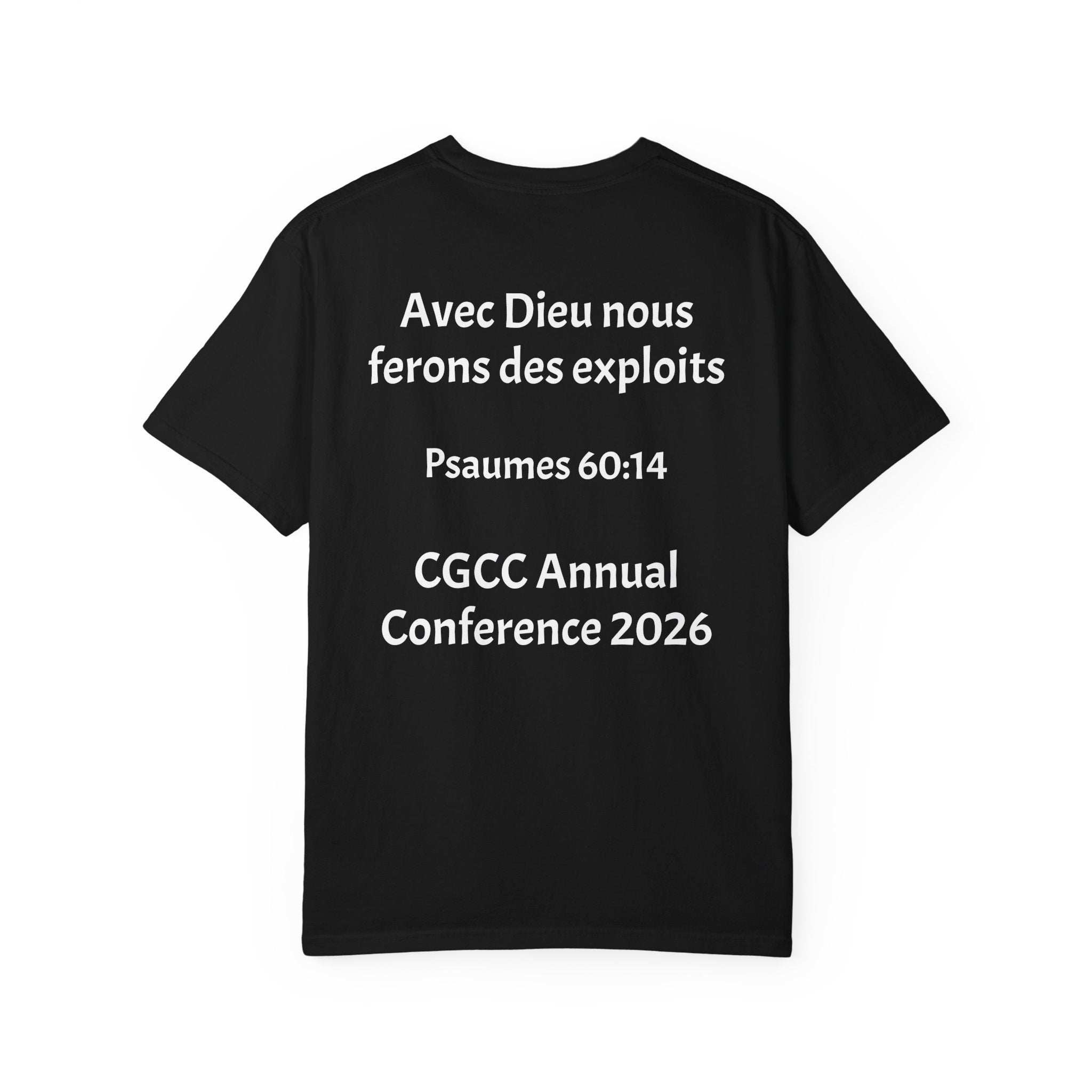Church T-Shirt — "The City of God Community Church" Logo Tee with Cross & Bible (Matthew 4:23) — French "Avec Dieu" Back Design