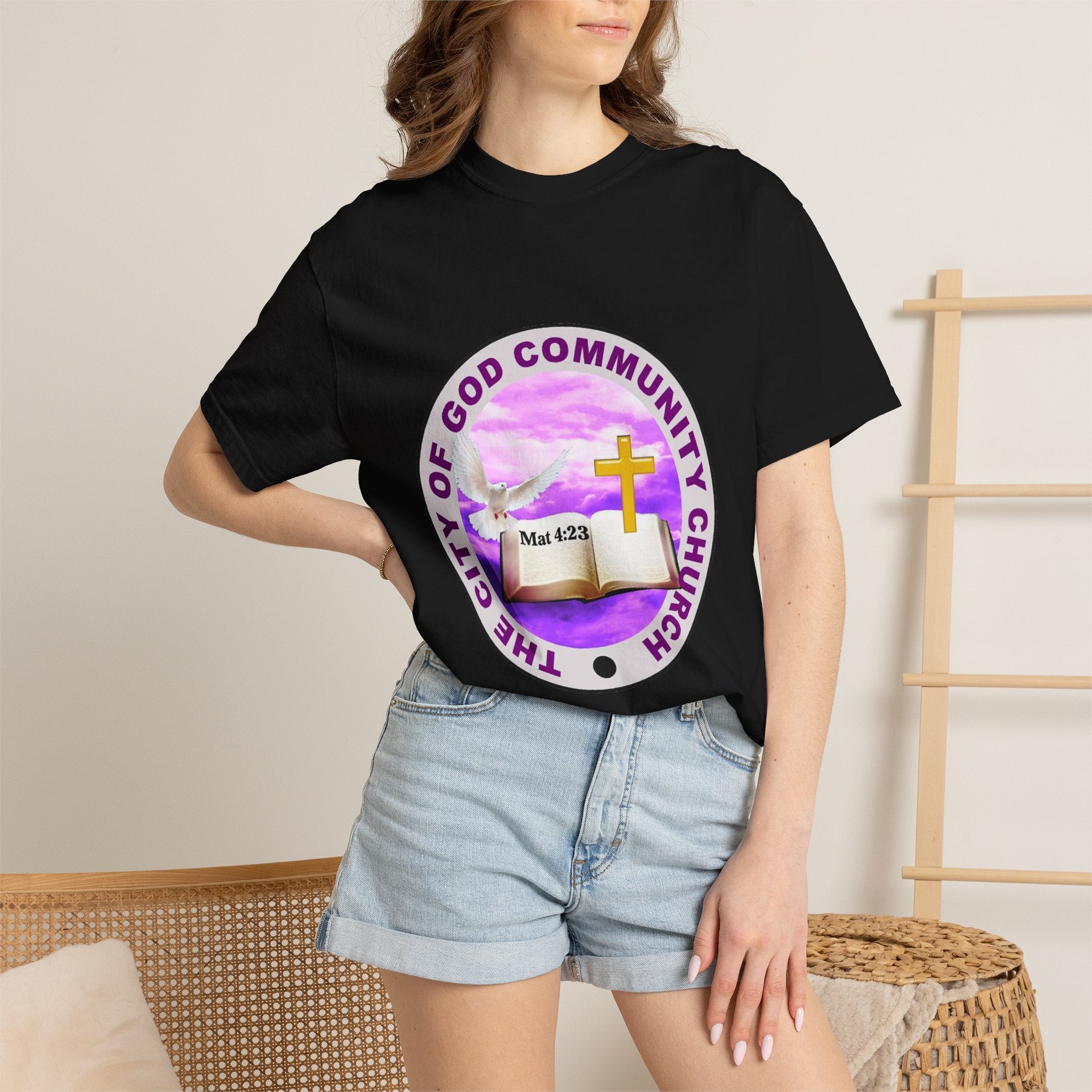 Church T-Shirt — "The City of God Community Church" Logo Tee with Cross & Bible (Matthew 4:23) — French "Avec Dieu" Back Design