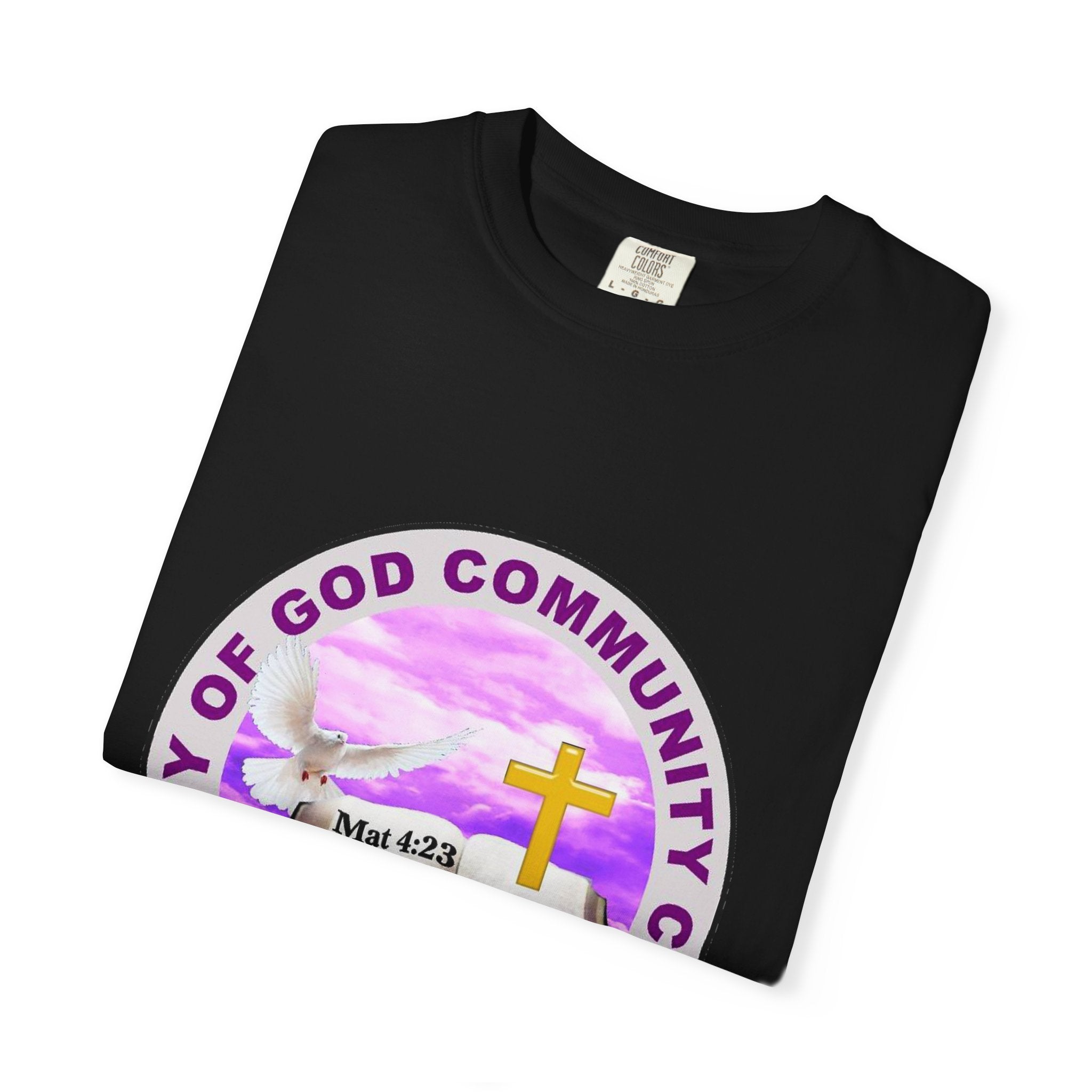 Church T-Shirt — "The City of God Community Church" Logo Tee with Cross & Bible (Matthew 4:23) — French "Avec Dieu" Back Design
