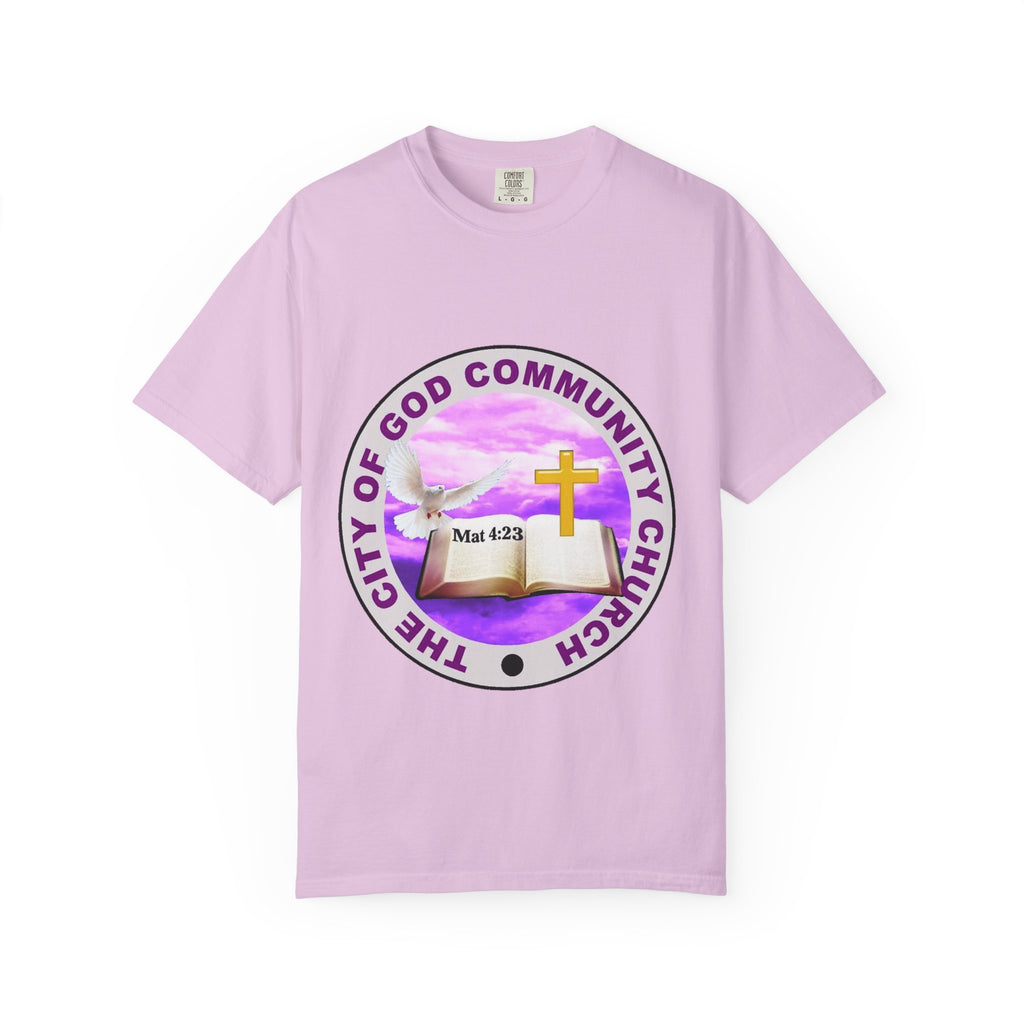 Church T-Shirt — "The City of God Community Church" Logo Tee with Cross & Bible (Matthew 4:23) — French "Avec Dieu" Back Design