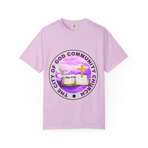 Church T-Shirt — "The City of God Community Church" Logo Tee with Cross & Bible (Matthew 4:23) — French "Avec Dieu" Back Design